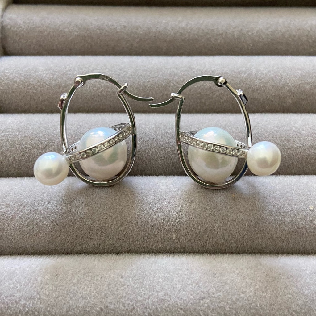 South Sea And Akoya White Double Pearl Orbit Hook Earrings Sterling Silver 139$